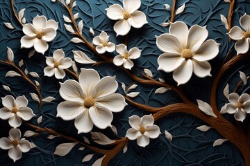 Intricate 3D floral pattern with intertwining jasmine in shades of pearl on a deep charcoal canvas with a striking azure tree.
