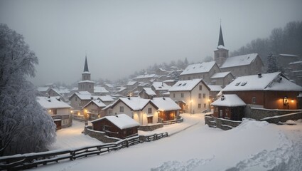 Snowy village during a blizzard, A picturesque village covered in snow, with houses and a small church, showcases the village during a blizzard, with snowflakes swirling through the air, generative Ai