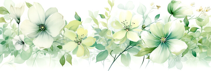 Watercolor painting. Dreamy floral background, light green and white banner with wildflowers. Artistic illustration.