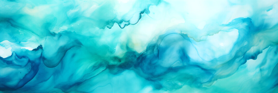 Alcohol ink painting, abstract painting in blue and green tones, diffused turquoise light, flowing aqua silk, blue mist, flowing silk, dynamic pearl wallpaper, watercolor painting. © PETR BABKIN
