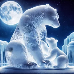 Fotobehang Polar Bonding: An ice bear and cub under the moonlight, symbolizing family and the beauty of nature's creations © Iaroslav