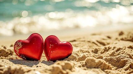 A pair of red hearts on the sand of a sandy beach. I love the romantic mood.
