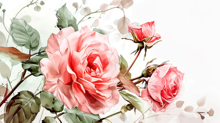 Beautiful painting with pink delicate roses on a white background watercolor painting.