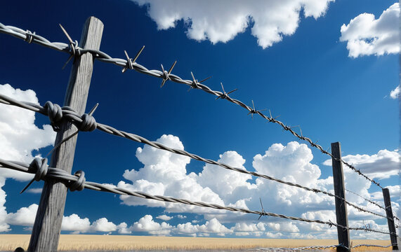 barbed wire against a background of blue sky with clouds