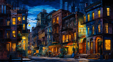 Fototapeta na wymiar Night Time Painting Of the City With Apartment Lights at Dusk - Generative Ai