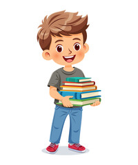Cute little boy standing and holding a pile of books. She has joyful expression and smile © CoolFinger101