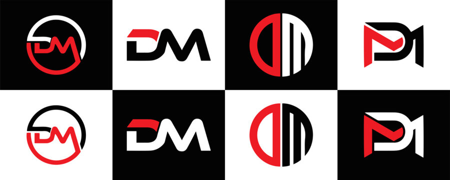  DM logo. D M design. White DM letter. DM, D M letter logo design. D M letter logo design in FIVE, FOUR, THREE, style. letter logo set in one artboard. D M letter logo vector design.	
