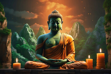 Zen Serenity: Green Buddha and Candlelit Tranquility Generative AI