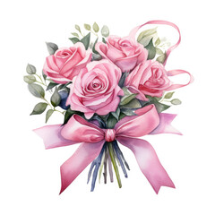 Watercolor bouquet of pink roses with ribbon on white background