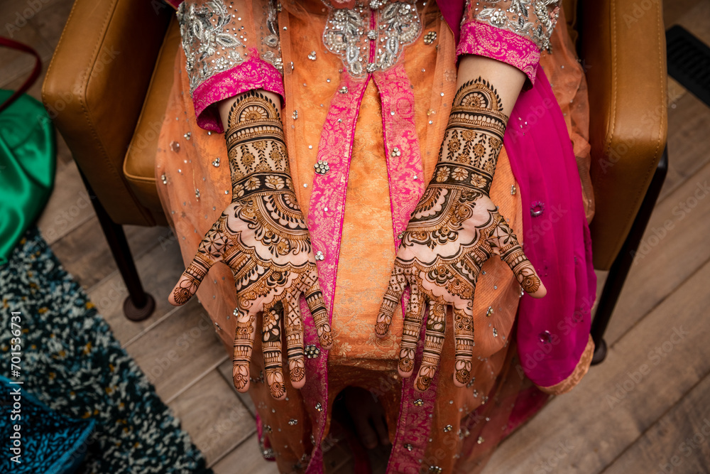 Wall mural indian bride with traditional wedding hand henna. traditional bridal mehndi full hands artwork.