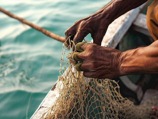 a fisherman's hands are fixing a net