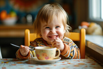 A happy child sits at the table and eats porridge from a cup with a spoon