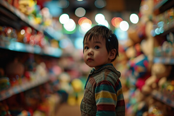 child boy smiling in aisle of toy store