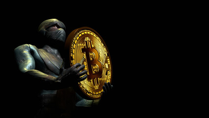 crypto man with bitcoin coin, hacker and fraudster, scammer, concept, 3d render - obrazy, fototapety, plakaty