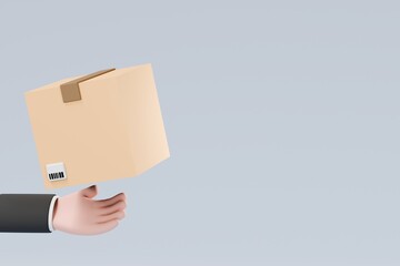 3D Courier's Hand holding cardboard box icon. Fast delivery concept. Package delivery. Online shopping. Cargo box with barcode. on blue background. Minimal cartoon.3D Rendering. Banner, copy space.