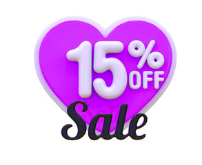 15 Percent Off Sale label on heart 3D