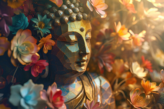 golden Buddha with 3d colorful flowers