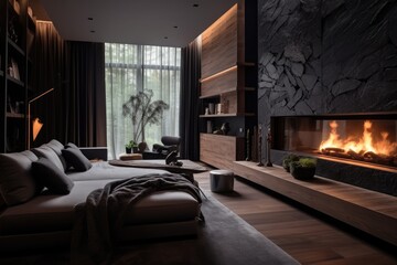 Modern Bedroom with Fireplace and Dark Aesthetic Design