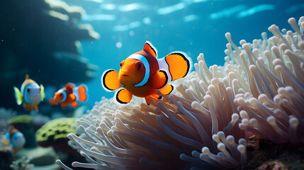 Naklejka na ściany i meble clown fish sitting in the ocean near anemones.