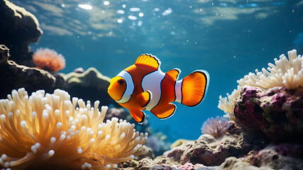 Naklejka na ściany i meble side view- clown fish sitting in the ocean near anemones.