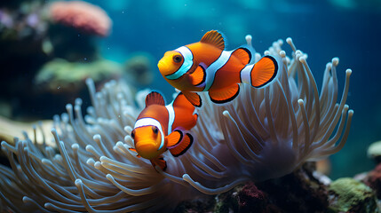 Naklejka na ściany i meble two clown fish swimming in an anemone - sea anemone