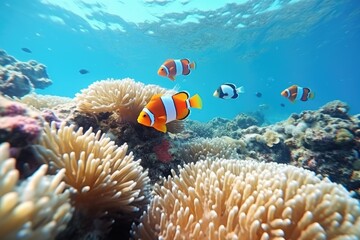 Naklejka na ściany i meble Colorful Clownfish Swimming Amongst Vibrant Sea Anemones Underwater
