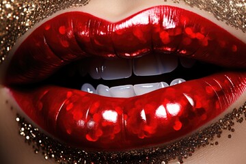Close-up of Glossy Red Lips with Sparkling Glitter Makeup