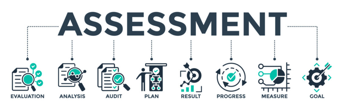 Assessment banner web icon for accreditation and evaluation method on business and education with evaluation, analysis, audit, plan, result, progress, measure, and goal icon.  Vector illustration