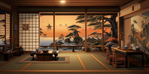 Images of Japanese-style relaxation and guest rooms with paintings on the walls showing beautiful nature.