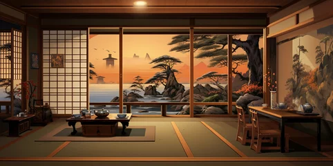  Images of Japanese-style relaxation and guest rooms with paintings on the walls showing beautiful nature. © Rassamee