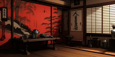  Images of Japanese-style relaxation and guest rooms with paintings on the walls showing beautiful nature. © Rassamee