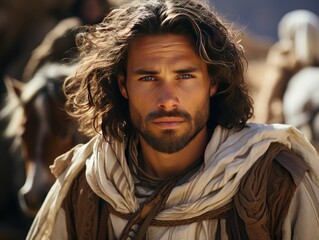 A bearded and long-haired Middle Eastern man wearing a headscarf in the desert - obrazy, fototapety, plakaty