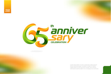 65th Anniversary logotype with a combination of orange and green on a white background.