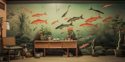 Pictures of a Japanese-style relaxation and guest room with fish paintings on the walls showing beautiful nature and sunlight in pastel pink tones.