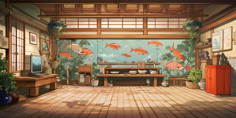 Pictures of a Japanese-style relaxation and guest room with fish paintings on the walls showing beautiful nature and sunlight in pastel pink tones.