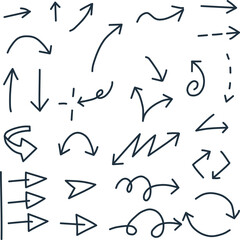 色々な形をした、シンプルな手描きの矢印の線画セット