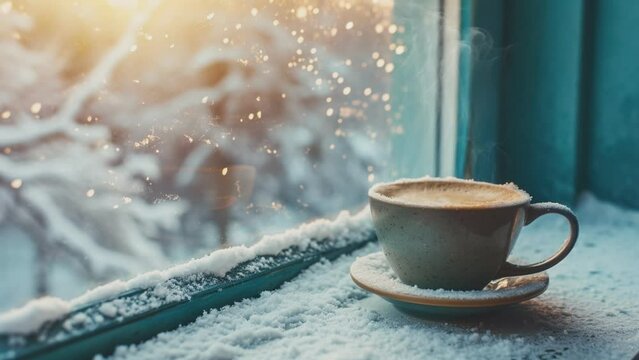 A cup of hot coffee by the window in winter and snowfall. Seamless looping time-lapse virtual video animation background 