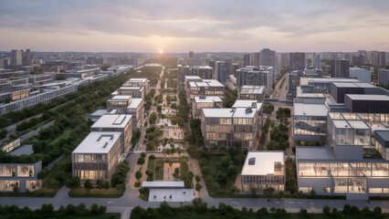Fototapeta premium City skyline, eco city, sunset landscape