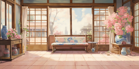 Image of a Japanese-style relaxation and guest room that overlooks beautiful nature and pastel-toned sunlight.