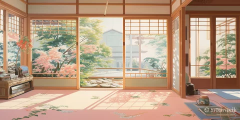 Wandcirkels tuinposter Picture of a room for relaxing and receiving guests in a beautiful Japanese style. Where you can see beautiful nature and sunlight. Pastel pink tone © Rassamee
