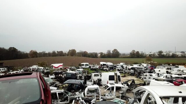 Aerial footage of cars in the junkyard