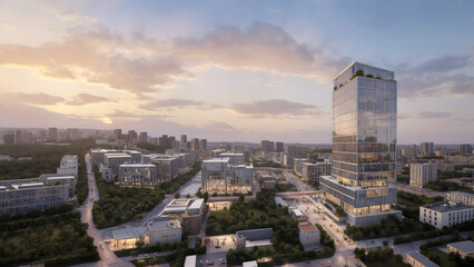 Fototapeta premium City skyline, eco city, sunset landscape