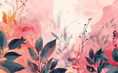 a abstract pink abstract background with leaves, in the style of playful watercolors, animated shapes, womancore, animated gifs, elegant, emotive faces, simple, colorful illustrations, soft, muted col