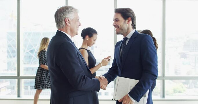 Teamwork, CEO or business people shaking hands in a b2b meeting for negotiation or company agreement. Boss, handshake or manager speaking in job interview, networking or partnership deal opportunity