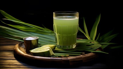 glass of sugarcane juice and leaves