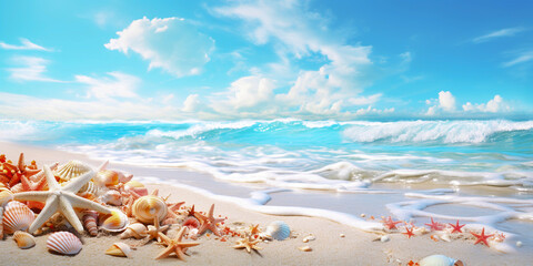 Fototapeta na wymiar Summer photo of beach and shell decoration. tropical beach There is beautiful clean sand. Seashells on the sand overlook the sea and the sky.