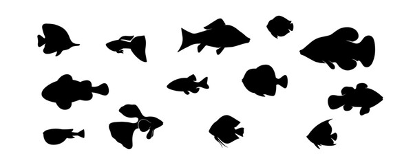 Collection of silhouettes of various types of fish. Isolated on White background