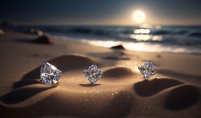 Shining beautiful diamonds on the sand with dark background from AI Generative