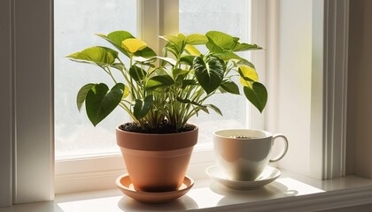 Sunlit Indoor Plant on Window Sill at Home