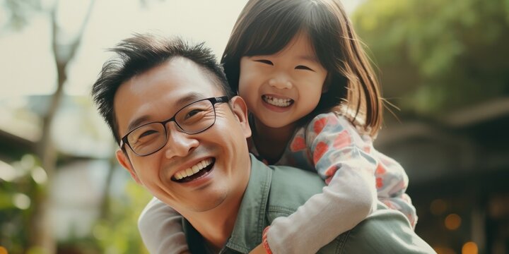 happy asian father hugging little girl, generative AI